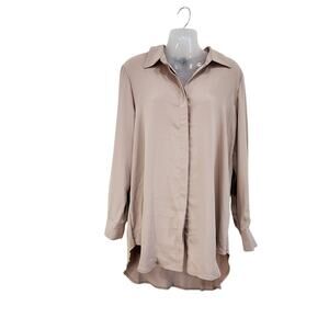 Tahari Long Sleeve Collared Button Down Tunic Shirt Dress Tan Size Large